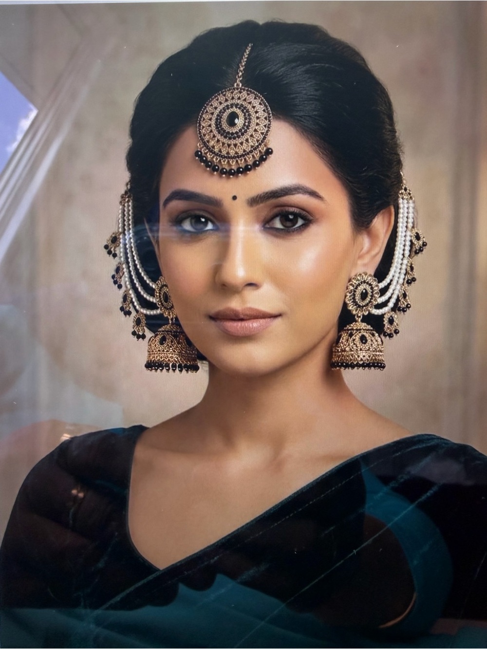 Gold and Black Traditional Jhumka Earrings and Maang Tikka Set